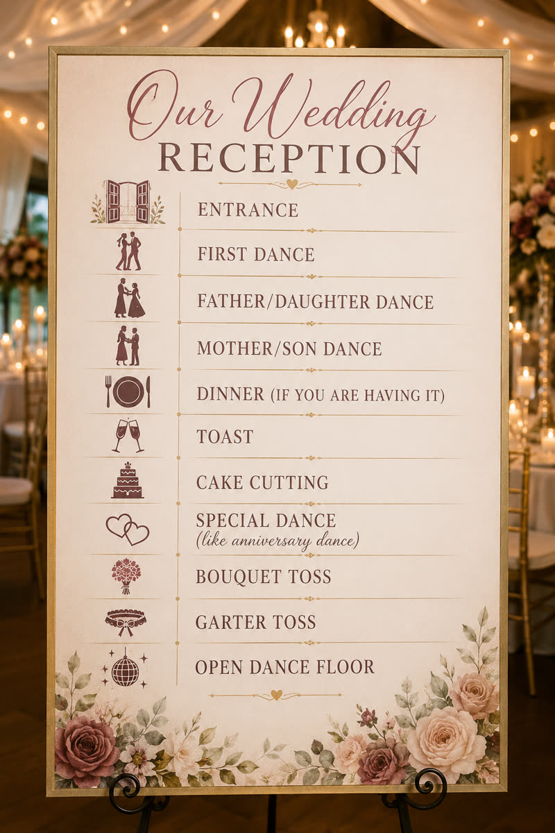 Wedding reception itinerary signage from a Hendryx Entertainment event